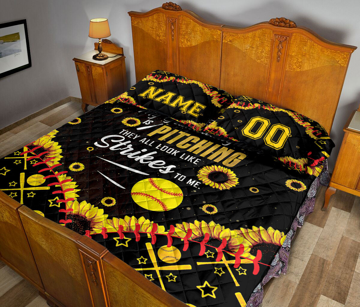 Ohaprints-Quilt-Bed-Set-Pillowcase-Sunflower-Black-Softball-Granddaughter-Pitcher-Custom-Personalized-Name-Number-Blanket-Bedspread-Bedding-2601-Queen (80'' x 90'')