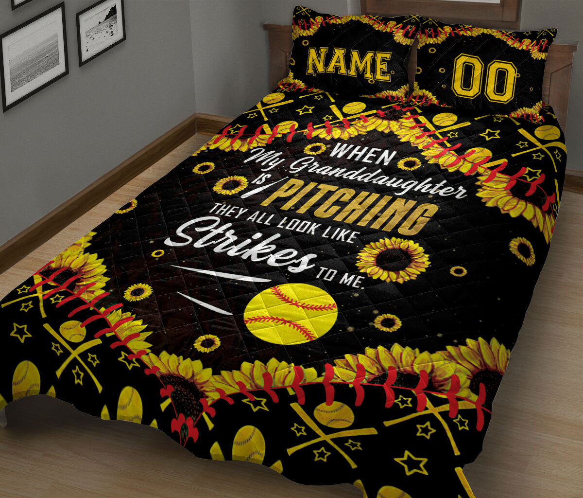 Ohaprints-Quilt-Bed-Set-Pillowcase-Sunflower-Black-Softball-Granddaughter-Pitcher-Custom-Personalized-Name-Number-Blanket-Bedspread-Bedding-2601-King (90'' x 100'')