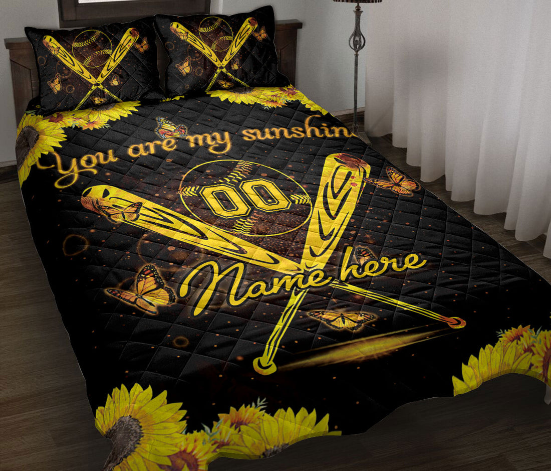 Ohaprints-Quilt-Bed-Set-Pillowcase-Sunflower-Black-Softball-Bat-Ball-You-Sunshine-Custom-Personalized-Name-Number-Blanket-Bedspread-Bedding-251-Throw (55'' x 60'')