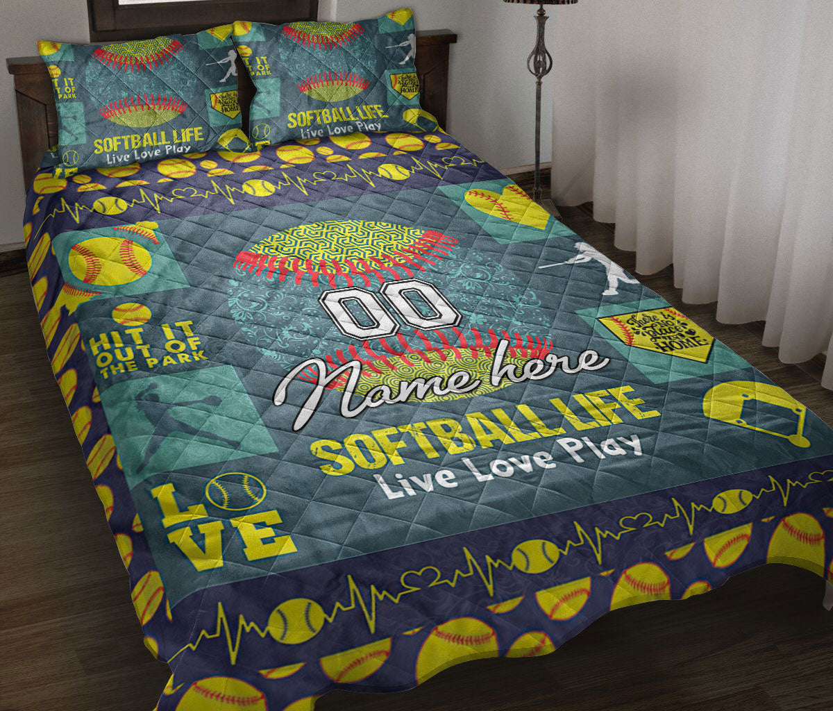 Ohaprints-Quilt-Bed-Set-Pillowcase-Softball-Ball-Pattern-Softball-Life-Love-Play-Custom-Personalized-Name-Number-Blanket-Bedspread-Bedding-2357-Throw (55'' x 60'')