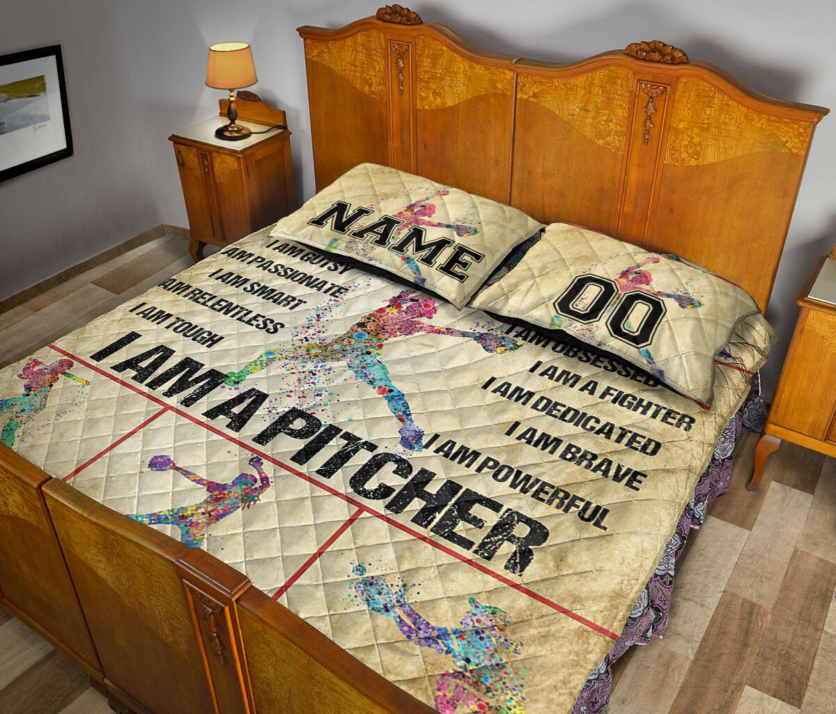 Ohaprints-Quilt-Bed-Set-Pillowcase-Softball-Baseball-Girl-I-Am-Pitcher-Brown-Custom-Personalized-Name-Number-Blanket-Bedspread-Bedding-3043-Queen (80'' x 90'')