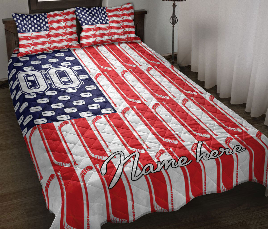Ohaprints-Quilt-Bed-Set-Pillowcase-Hockey-Stick-Puck-Hockey-Player-America-Flag-Custom-Personalized-Name-Number-Blanket-Bedspread-Bedding-1422-Throw (55'' x 60'')