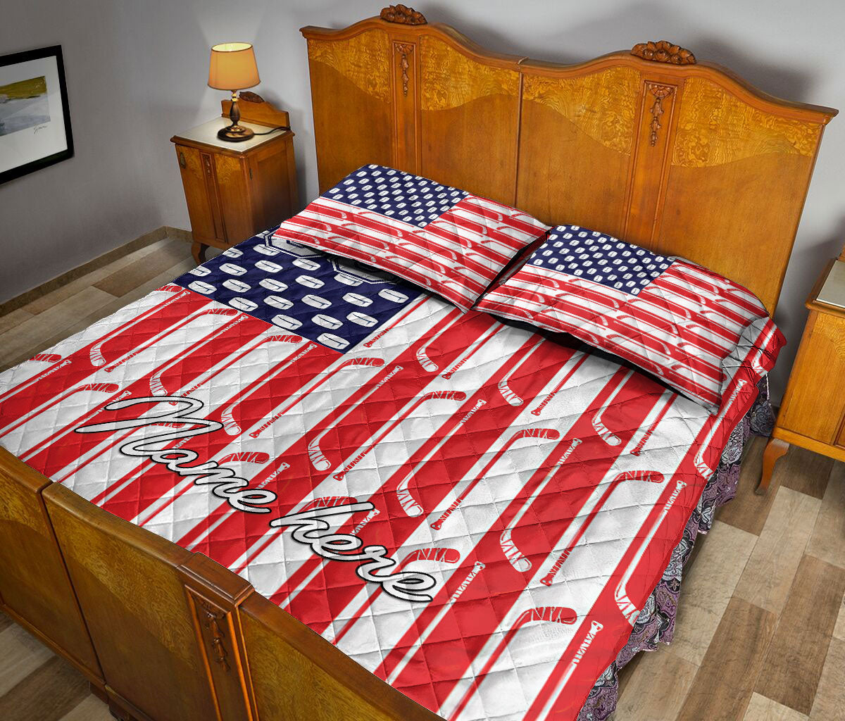 Ohaprints-Quilt-Bed-Set-Pillowcase-Hockey-Stick-Puck-Hockey-Player-America-Flag-Custom-Personalized-Name-Number-Blanket-Bedspread-Bedding-1422-Queen (80'' x 90'')