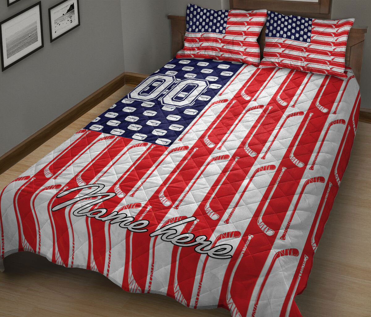 Ohaprints-Quilt-Bed-Set-Pillowcase-Hockey-Stick-Puck-Hockey-Player-America-Flag-Custom-Personalized-Name-Number-Blanket-Bedspread-Bedding-1422-King (90'' x 100'')