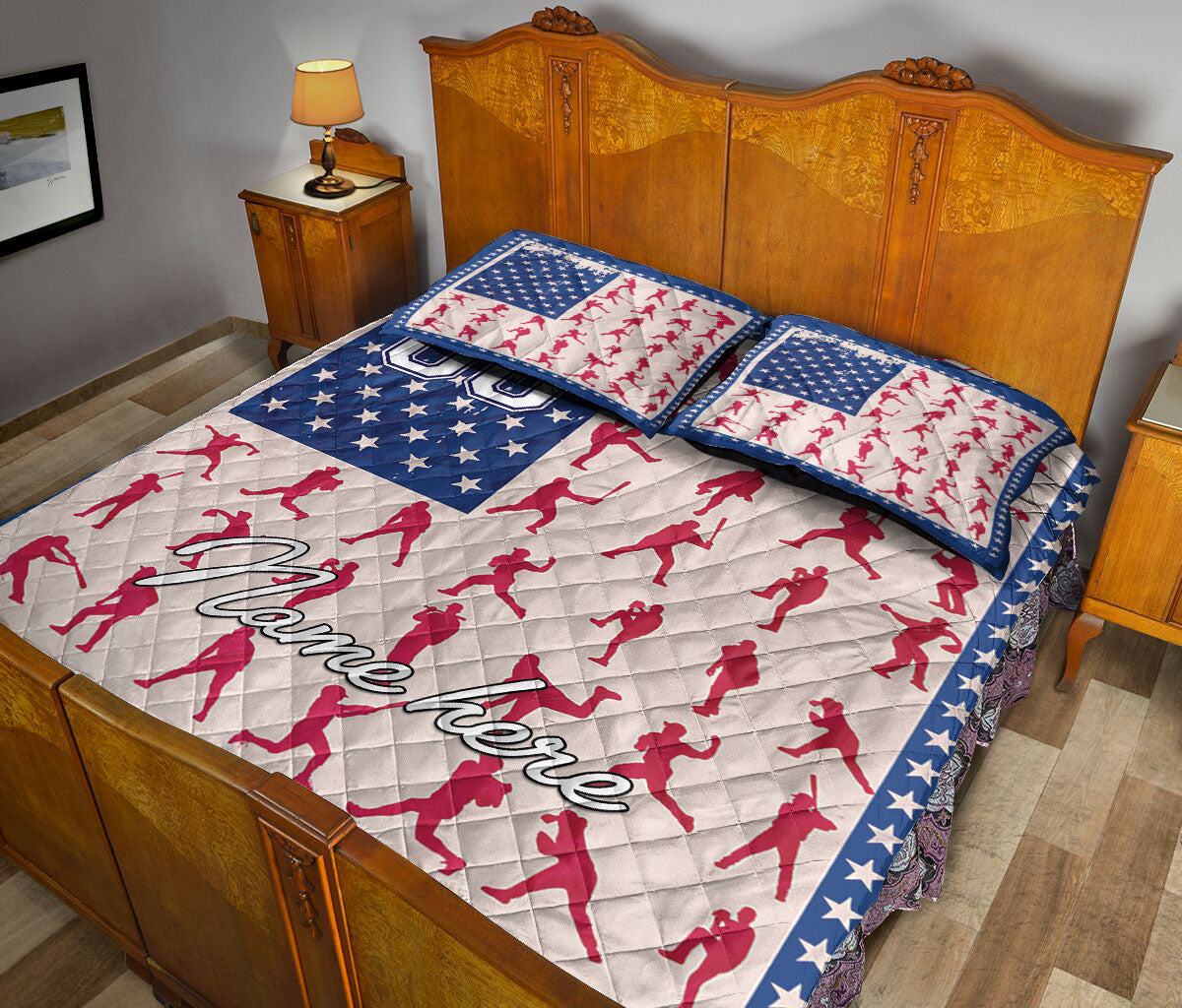 Ohaprints-Quilt-Bed-Set-Pillowcase-Baseball-Softball-Player-Batter-Posing-Us-Flag-Custom-Personalized-Name-Number-Blanket-Bedspread-Bedding-1769-Queen (80'' x 90'')