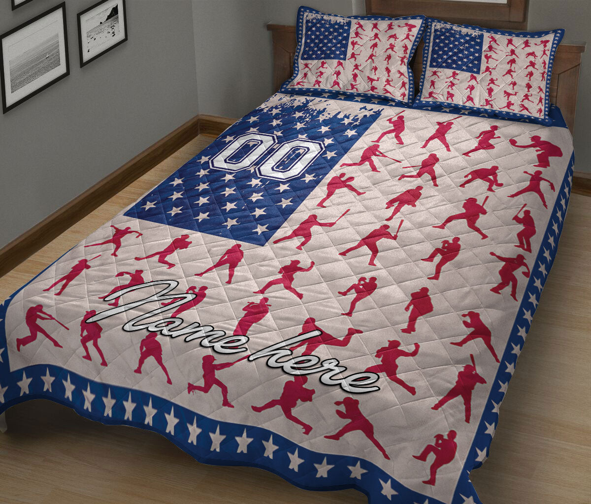 Ohaprints-Quilt-Bed-Set-Pillowcase-Baseball-Softball-Player-Batter-Posing-Us-Flag-Custom-Personalized-Name-Number-Blanket-Bedspread-Bedding-1769-King (90'' x 100'')