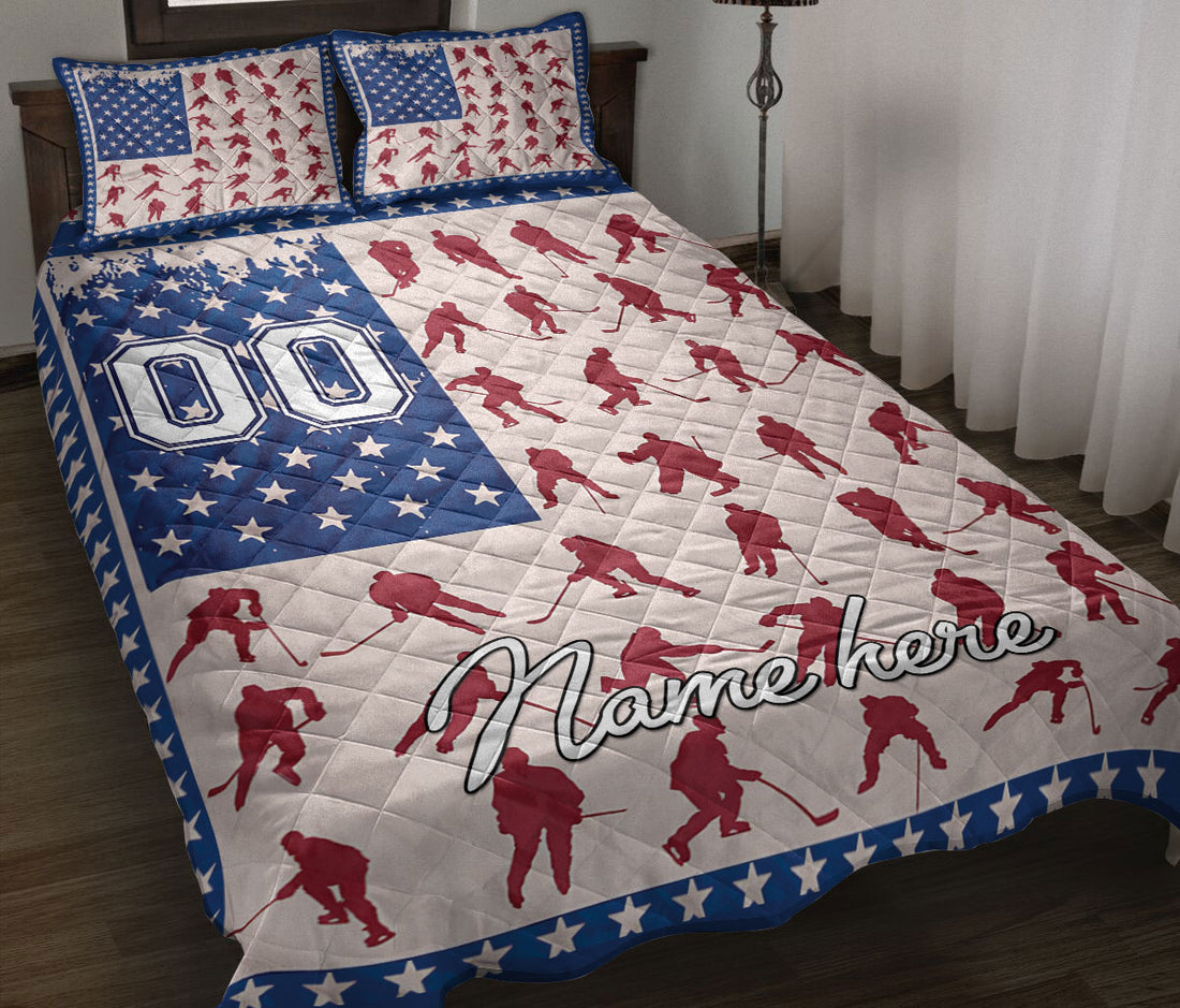 Ohaprints-Quilt-Bed-Set-Pillowcase-Hockey-Fan-Lover-Player-Posing-America-Us-Flag-Custom-Personalized-Name-Number-Blanket-Bedspread-Bedding-2602-Throw (55'' x 60'')