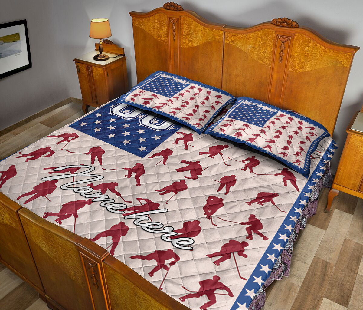 Ohaprints-Quilt-Bed-Set-Pillowcase-Hockey-Fan-Lover-Player-Posing-America-Us-Flag-Custom-Personalized-Name-Number-Blanket-Bedspread-Bedding-2602-Queen (80'' x 90'')