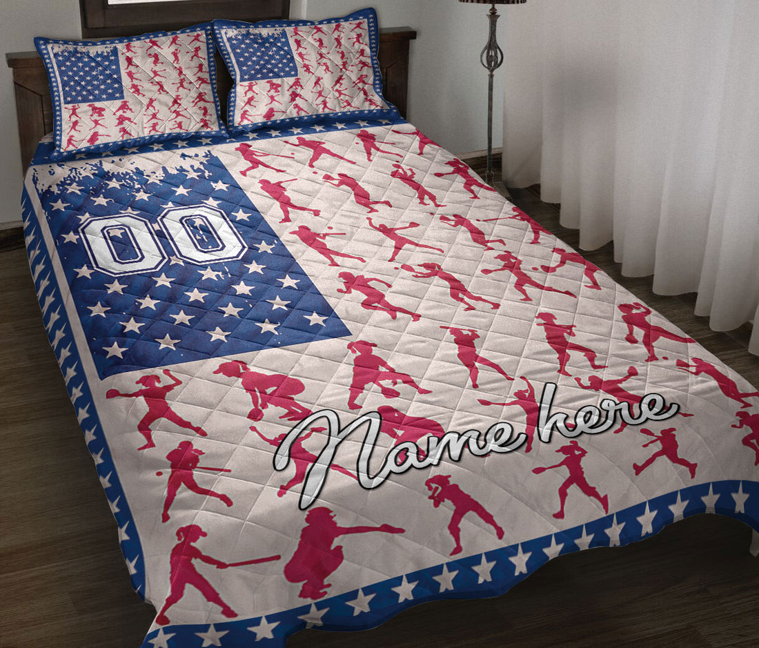 Ohaprints-Quilt-Bed-Set-Pillowcase-Baseball-Softball-Girl-Player-Posing-Us-Flag-Custom-Personalized-Name-Number-Blanket-Bedspread-Bedding-252-Throw (55'' x 60'')