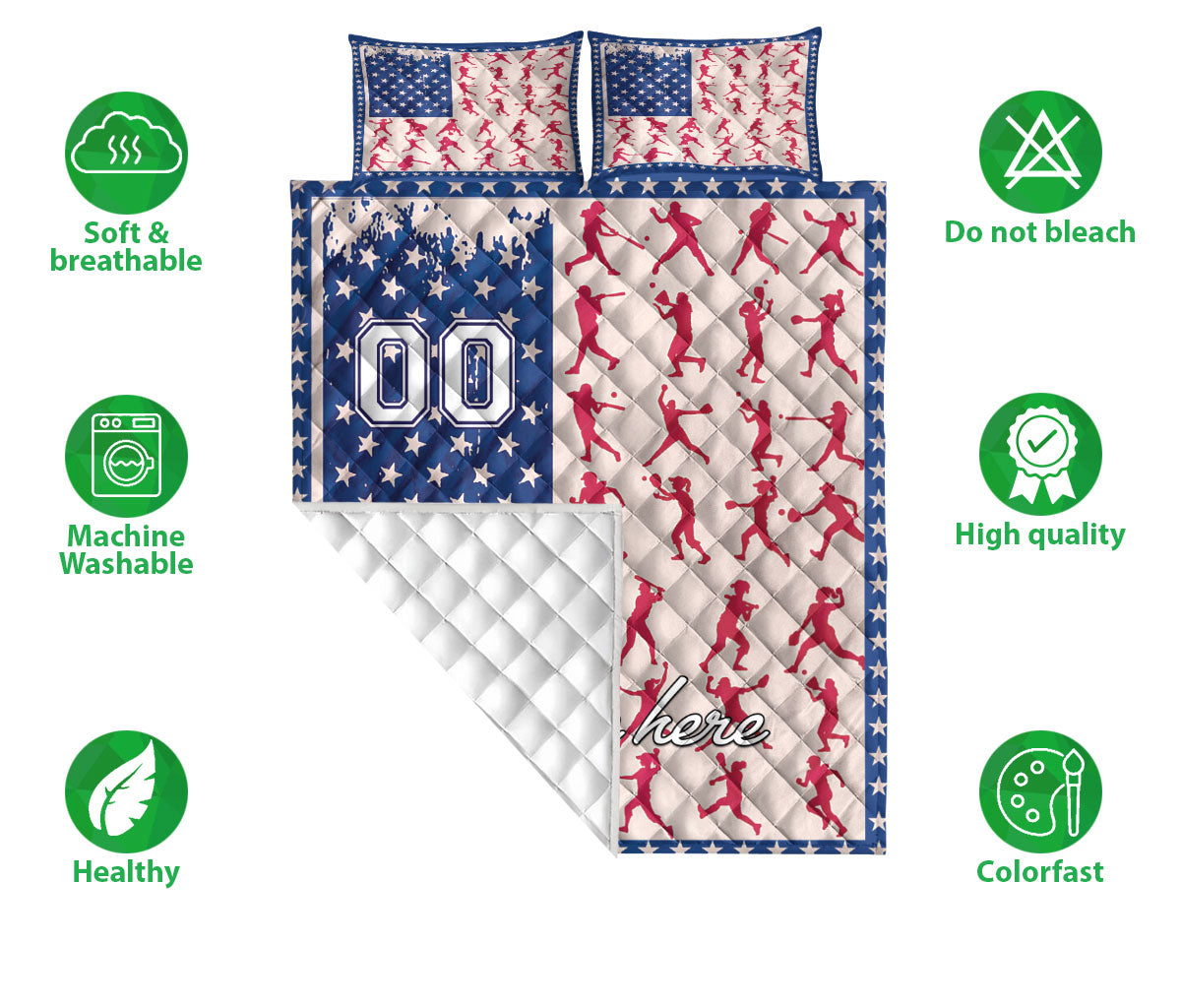 Ohaprints-Quilt-Bed-Set-Pillowcase-Baseball-Softball-Girl-Player-Posing-Us-Flag-Custom-Personalized-Name-Number-Blanket-Bedspread-Bedding-252-Double (70'' x 80'')