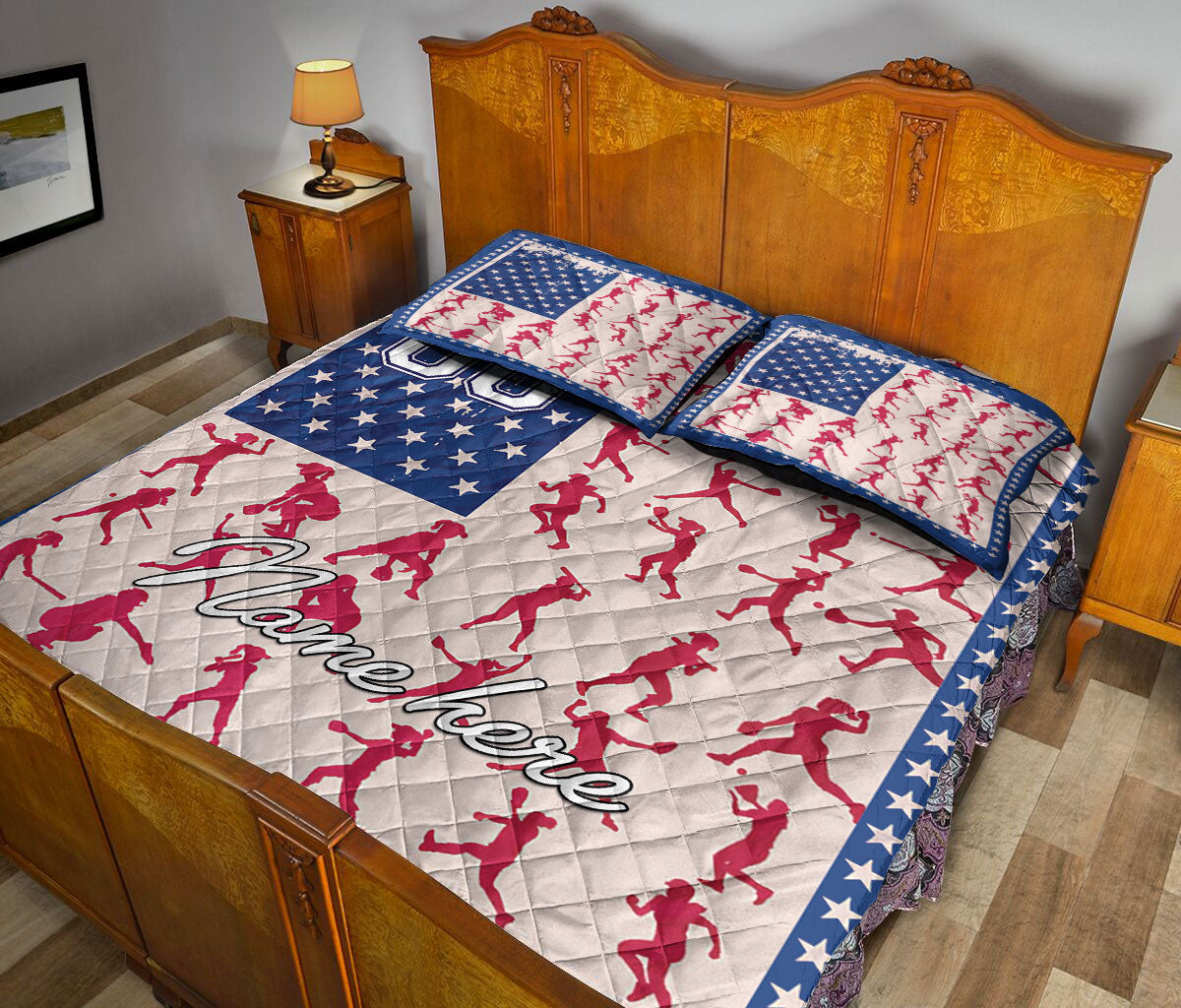 Ohaprints-Quilt-Bed-Set-Pillowcase-Baseball-Softball-Girl-Player-Posing-Us-Flag-Custom-Personalized-Name-Number-Blanket-Bedspread-Bedding-252-Queen (80'' x 90'')