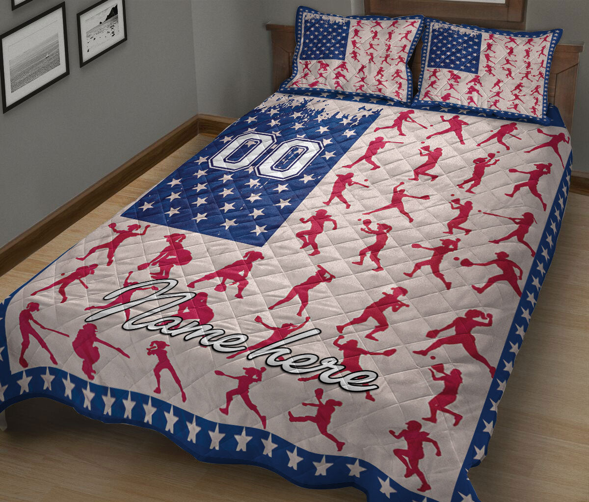 Ohaprints-Quilt-Bed-Set-Pillowcase-Baseball-Softball-Girl-Player-Posing-Us-Flag-Custom-Personalized-Name-Number-Blanket-Bedspread-Bedding-252-King (90'' x 100'')