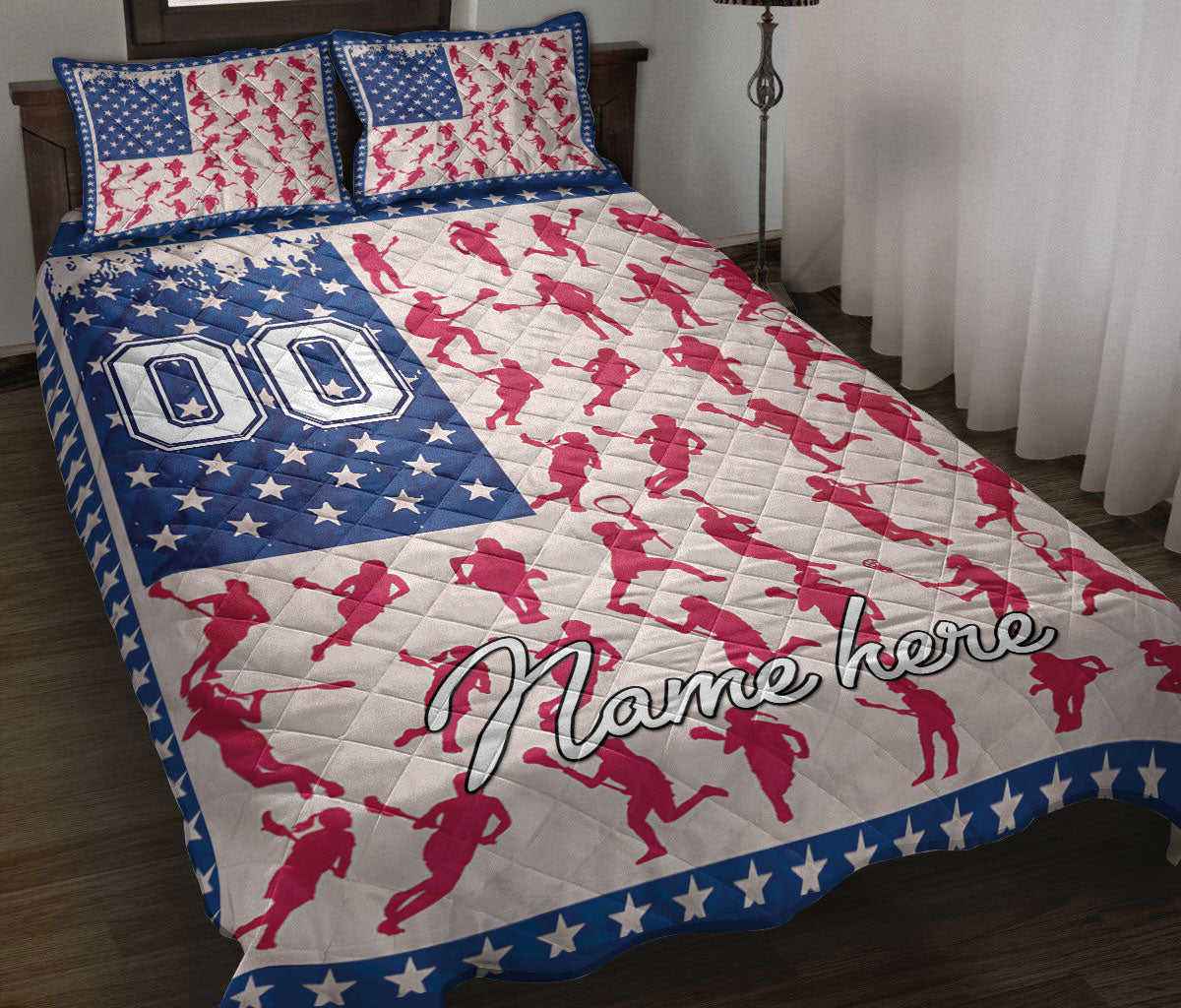 Ohaprints-Quilt-Bed-Set-Pillowcase-Lacrosse-Girl-Player-Fan-Gift-Posing-Us-Flag-Custom-Personalized-Name-Number-Blanket-Bedspread-Bedding-1423-Throw (55'' x 60'')