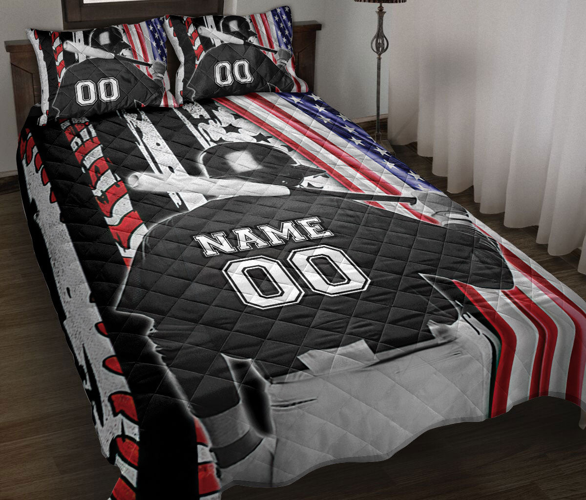 Ohaprints-Quilt-Bed-Set-Pillowcase-Softball-Baseball-Lover-Player-America-Us-Flag-Custom-Personalized-Name-Number-Blanket-Bedspread-Bedding-2358-Throw (55'' x 60'')
