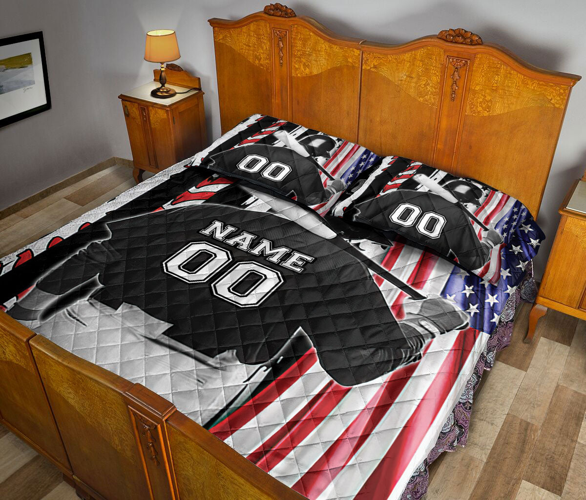 Ohaprints-Quilt-Bed-Set-Pillowcase-Softball-Baseball-Lover-Player-America-Us-Flag-Custom-Personalized-Name-Number-Blanket-Bedspread-Bedding-2358-Queen (80'' x 90'')