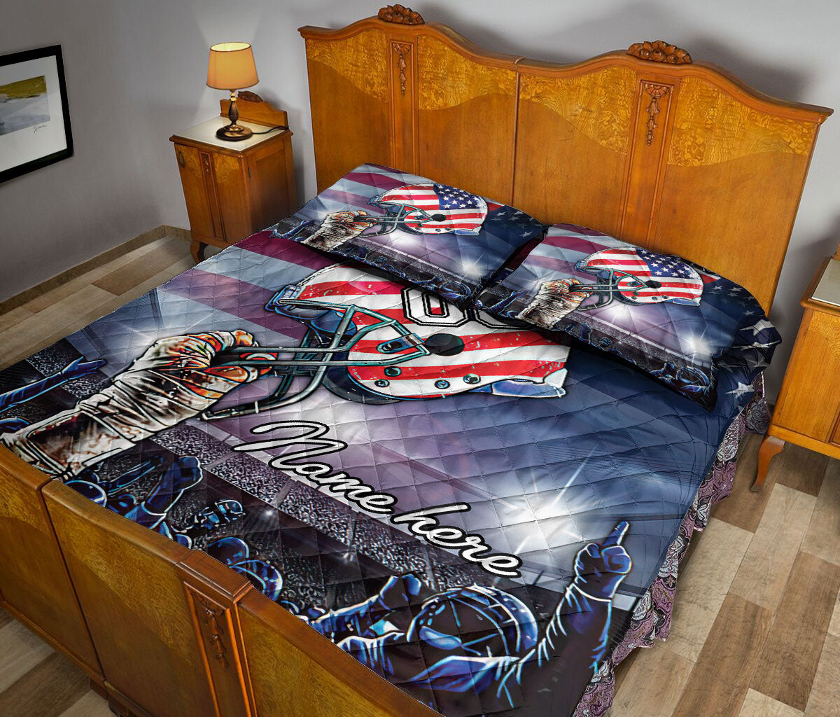 Ohaprints-Quilt-Bed-Set-Pillowcase-America-Us-Flag-Football-Player-Gift-Helmet-Custom-Personalized-Name-Number-Blanket-Bedspread-Bedding-254-Queen (80'' x 90'')