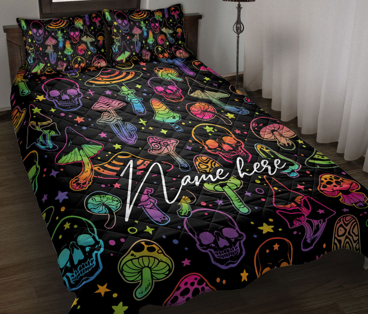 Ohaprints-Quilt-Bed-Set-Pillowcase-Hologram-Skull-Mushroom-Hippie-Hippy-Plant-Custom-Personalized-Name-Blanket-Bedspread-Bedding-3683-Throw (55'' x 60'')