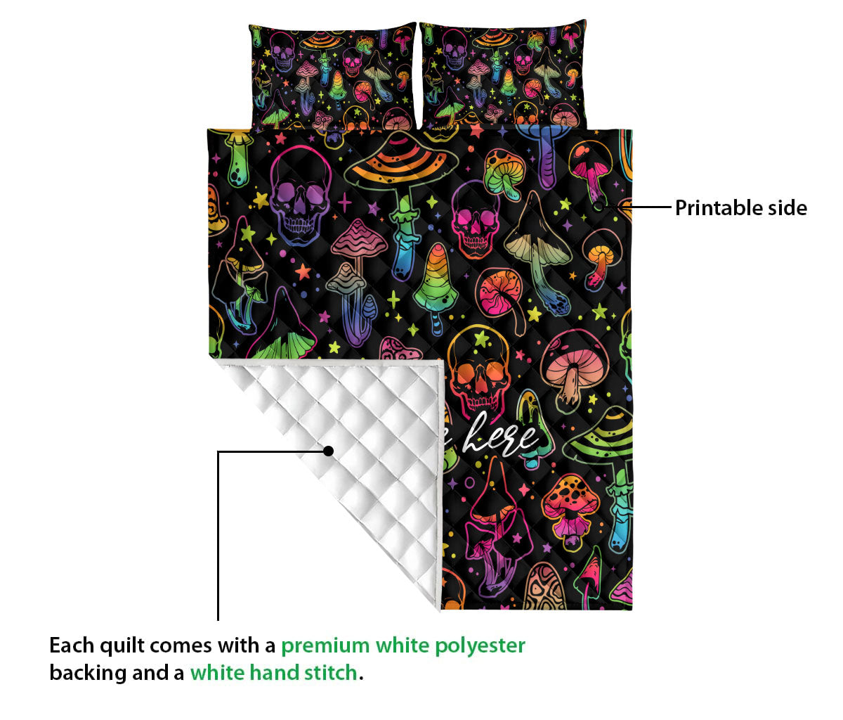 Ohaprints-Quilt-Bed-Set-Pillowcase-Hologram-Skull-Mushroom-Hippie-Hippy-Plant-Custom-Personalized-Name-Blanket-Bedspread-Bedding-3683-Queen (80'' x 90'')