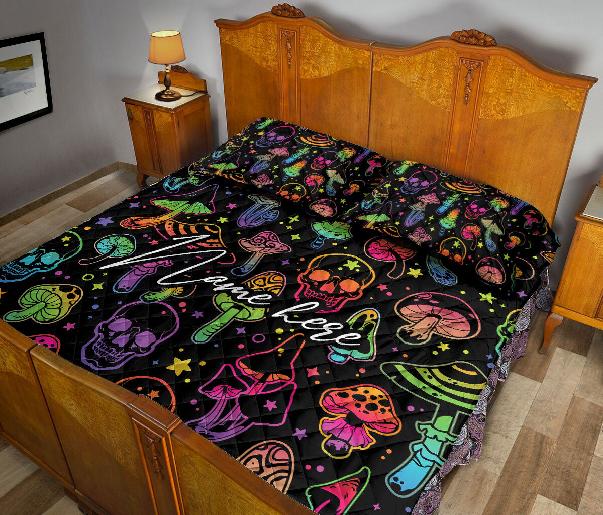 Ohaprints-Quilt-Bed-Set-Pillowcase-Hologram-Skull-Mushroom-Hippie-Hippy-Plant-Custom-Personalized-Name-Blanket-Bedspread-Bedding-3683-King (90'' x 100'')