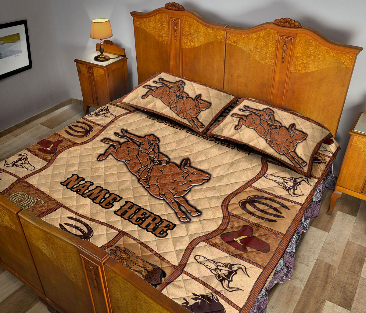 Ohaprints-Quilt-Bed-Set-Pillowcase-Bull-Riding-Bull-Rider-Cowboy-Vintage-Brown-Custom-Personalized-Name-Blanket-Bedspread-Bedding-3723-King (90'' x 100'')