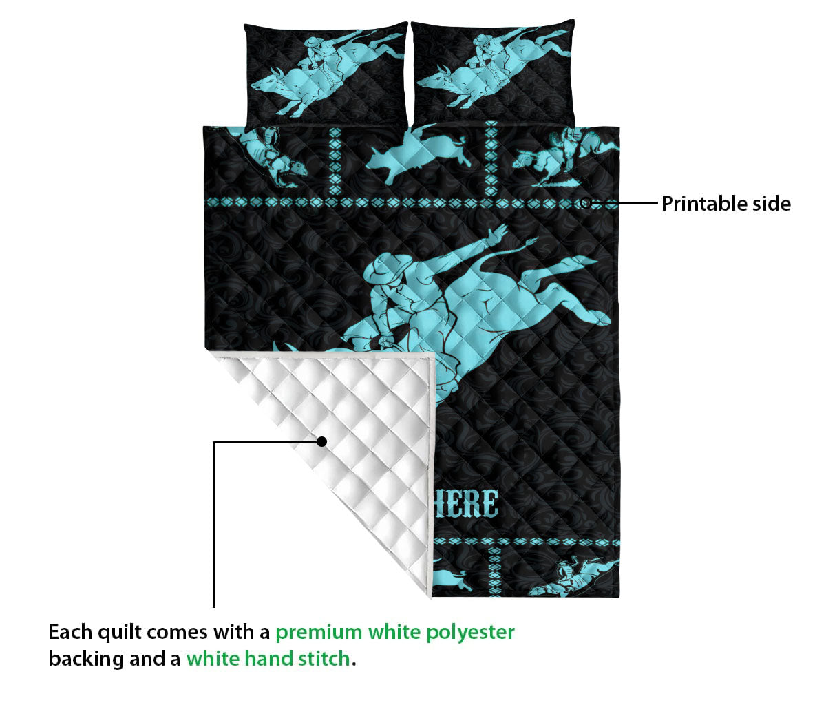 Ohaprints-Quilt-Bed-Set-Pillowcase-Turquoise-Bull-Riding-Bull-Riders-Cowboy-Custom-Personalized-Name-Blanket-Bedspread-Bedding-3724-Queen (80'' x 90'')