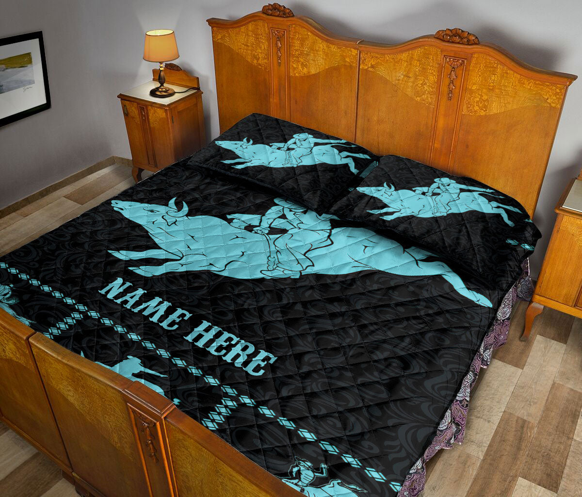 Ohaprints-Quilt-Bed-Set-Pillowcase-Turquoise-Bull-Riding-Bull-Riders-Cowboy-Custom-Personalized-Name-Blanket-Bedspread-Bedding-3724-King (90'' x 100'')