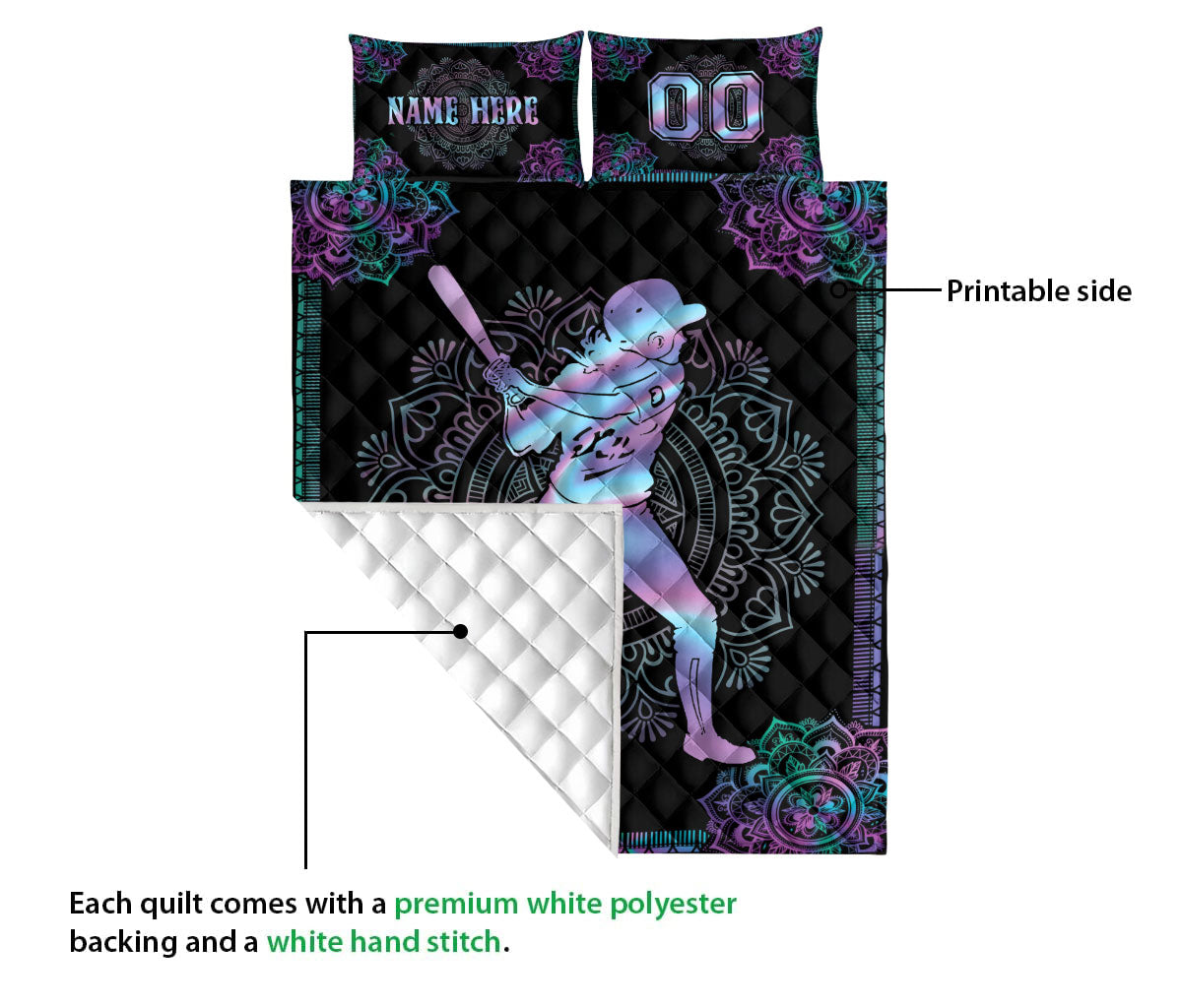 Ohaprints-Quilt-Bed-Set-Pillowcase-Hologram-Mandala-Softball-Girl-Batter-Custom-Personalized-Name-Number-Blanket-Bedspread-Bedding-3076-Queen (80'' x 90'')