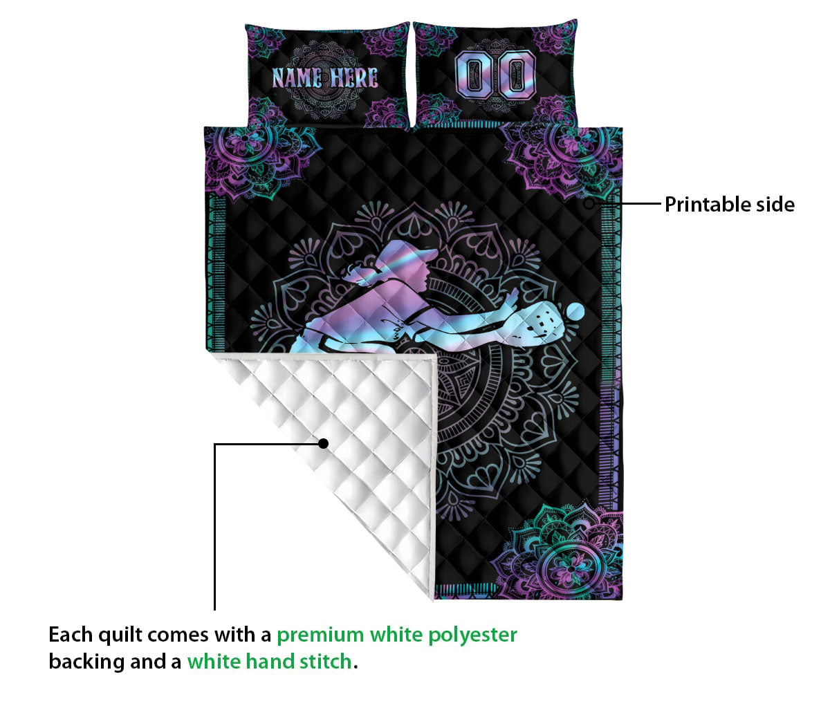 Ohaprints-Quilt-Bed-Set-Pillowcase-Hologram-Mandala-Softball-Girl-Catcher-Custom-Personalized-Name-Number-Blanket-Bedspread-Bedding-3078-Queen (80'' x 90'')