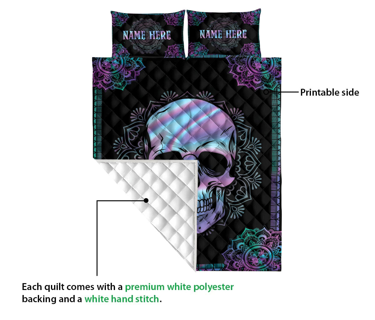 Ohaprints-Quilt-Bed-Set-Pillowcase-Hologram-Mandala-Skull-Skeleton-Unique-Idea-Custom-Personalized-Name-Blanket-Bedspread-Bedding-3684-Queen (80'' x 90'')