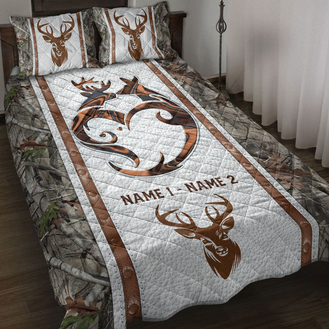 Ohaprints-Quilt-Bed-Set-Pillowcase-Hunting-Hunter-Couple-Deer-Buck-Doe-Heart-Custom-Personalized-Name-Blanket-Bedspread-Bedding-3775-Throw (55'' x 60'')