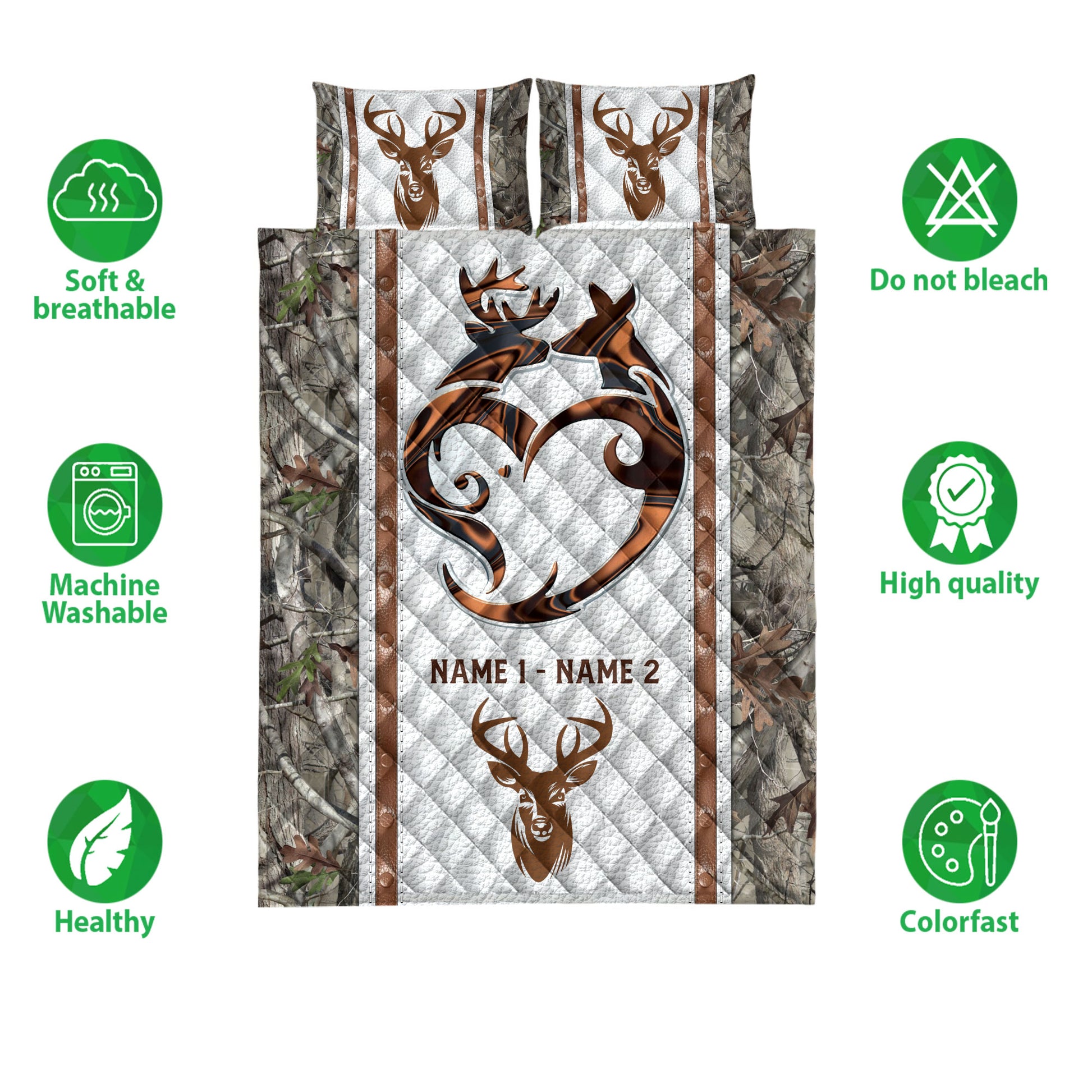 Ohaprints-Quilt-Bed-Set-Pillowcase-Hunting-Hunter-Couple-Deer-Buck-Doe-Heart-Custom-Personalized-Name-Blanket-Bedspread-Bedding-3775-Double (70'' x 80'')