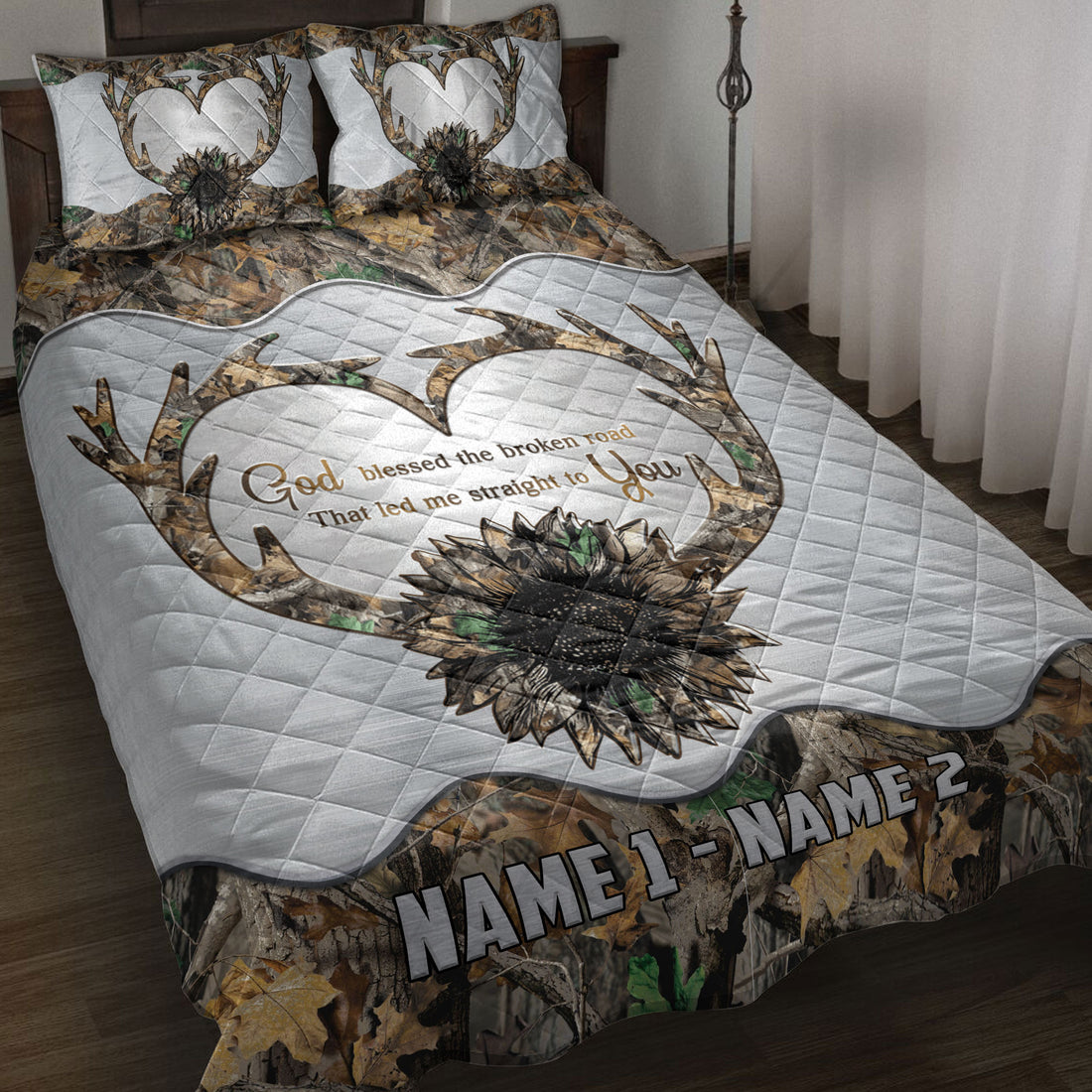 Ohaprints-Quilt-Bed-Set-Pillowcase-Sunflower-Deer-Antler-Heart-Hunting-Hunter-Custom-Personalized-Name-Blanket-Bedspread-Bedding-3779-Throw (55'' x 60'')