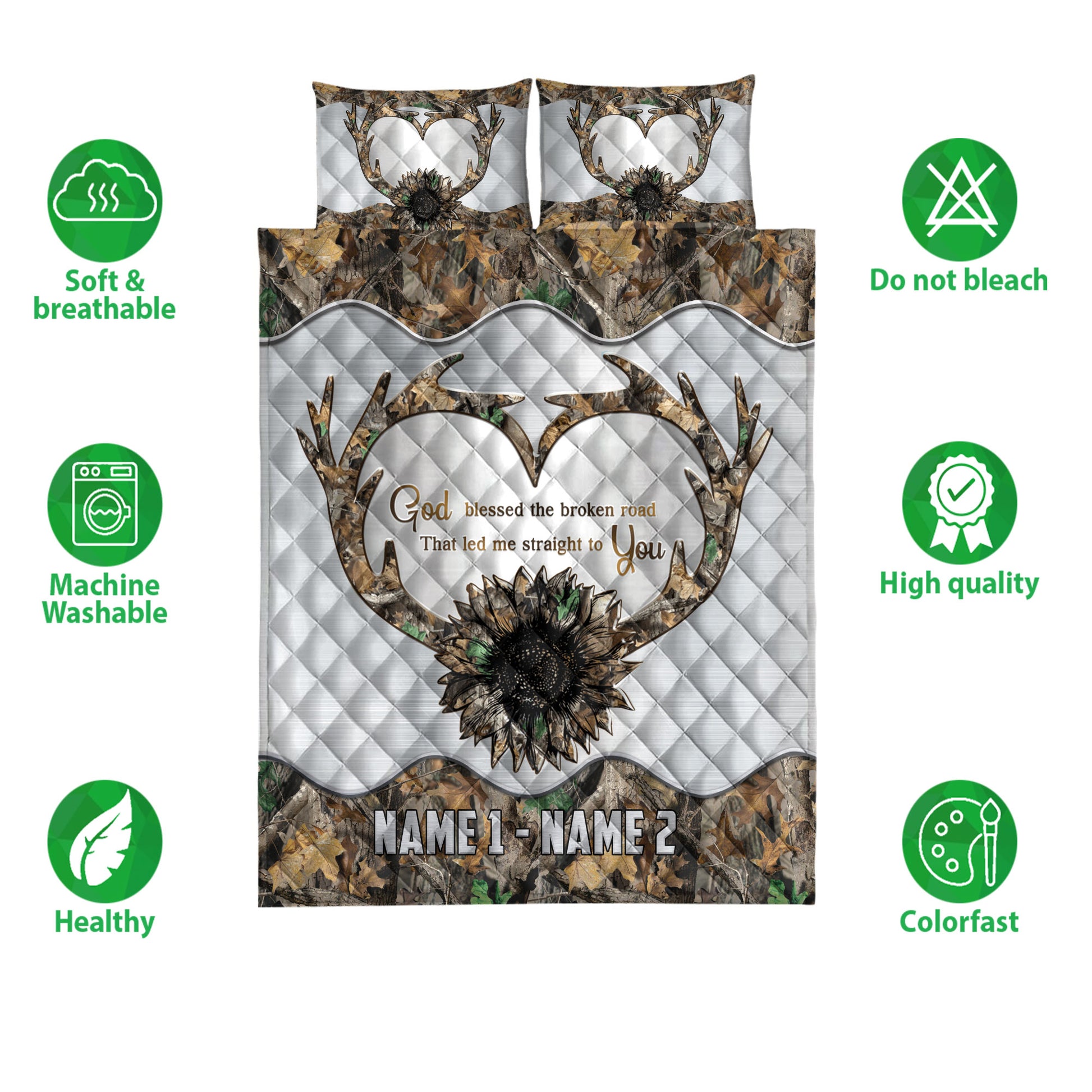 Ohaprints-Quilt-Bed-Set-Pillowcase-Sunflower-Deer-Antler-Heart-Hunting-Hunter-Custom-Personalized-Name-Blanket-Bedspread-Bedding-3779-Double (70'' x 80'')