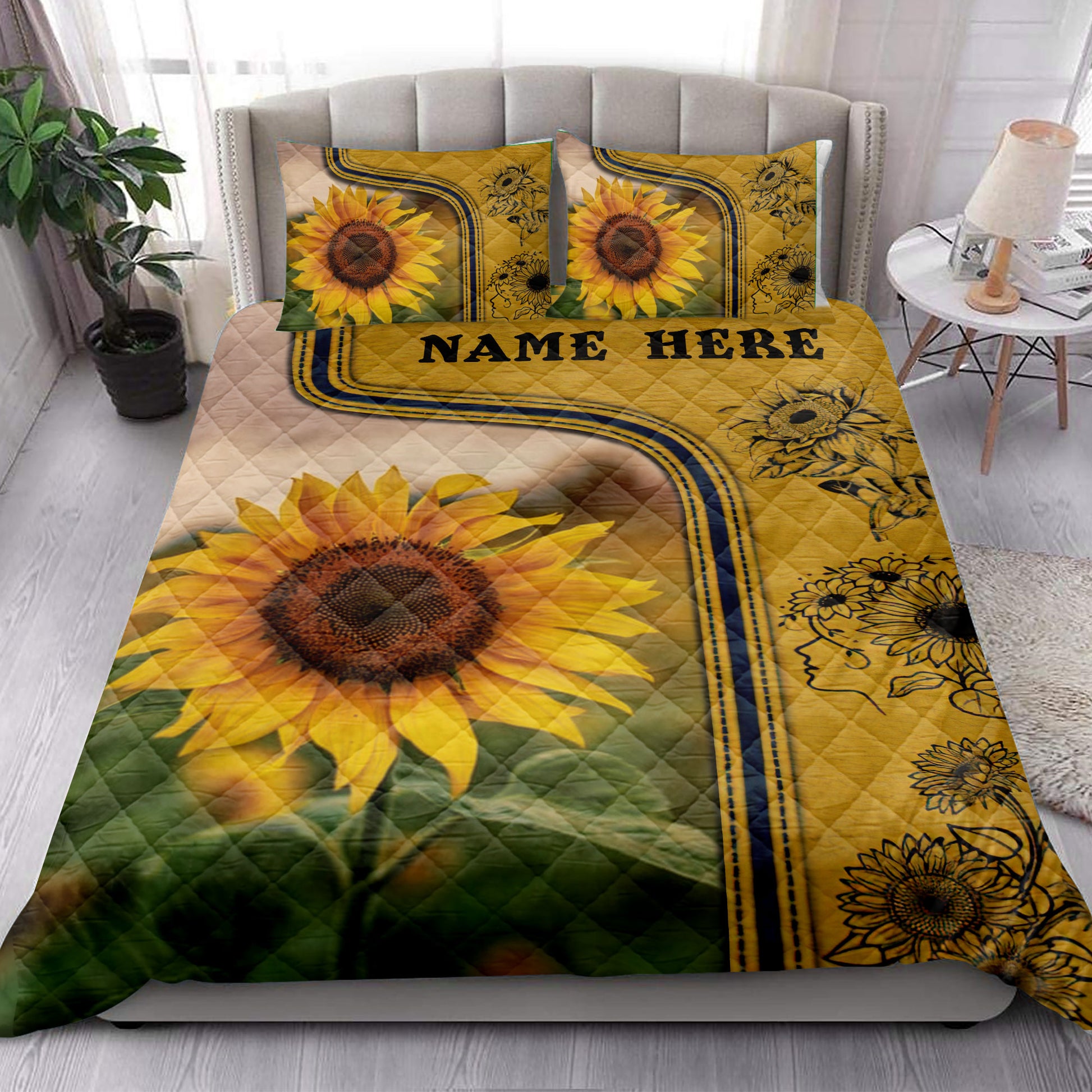 Ohaprints-Quilt-Bed-Set-Pillowcase-Sunflower-3D-Print-Flower-Lover-Idea-Yellow-Custom-Personalized-Name-Blanket-Bedspread-Bedding-3781-King (90'' x 100'')