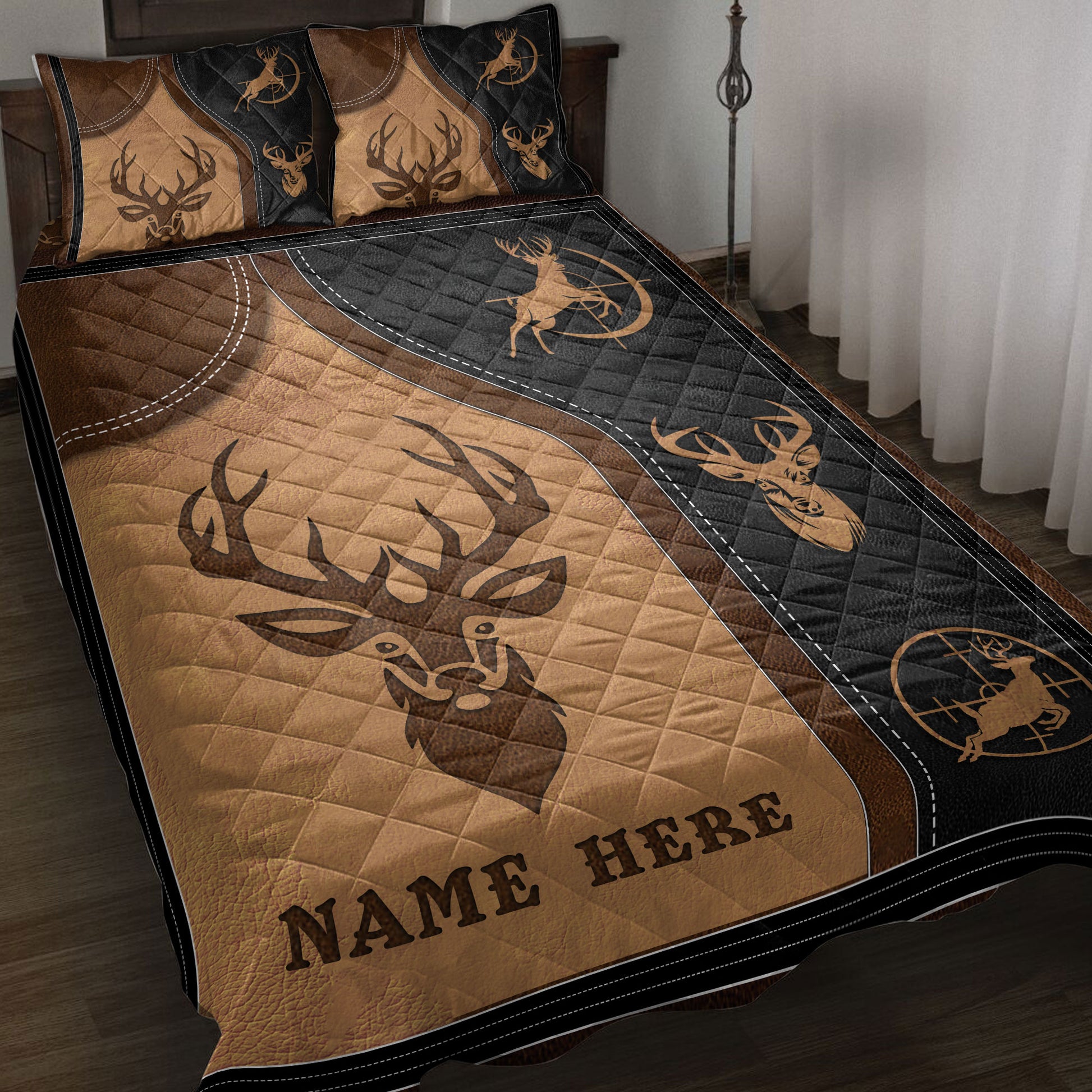 Ohaprints-Quilt-Bed-Set-Pillowcase-Deer-Head-Buck-Hunting-Hunter-Vintage-Brown-Custom-Personalized-Name-Blanket-Bedspread-Bedding-3785-Throw (55'' x 60'')