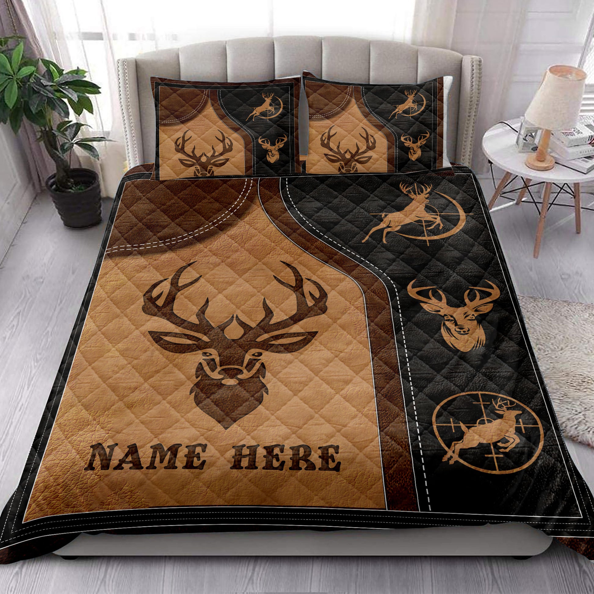 Ohaprints-Quilt-Bed-Set-Pillowcase-Deer-Head-Buck-Hunting-Hunter-Vintage-Brown-Custom-Personalized-Name-Blanket-Bedspread-Bedding-3785-King (90'' x 100'')