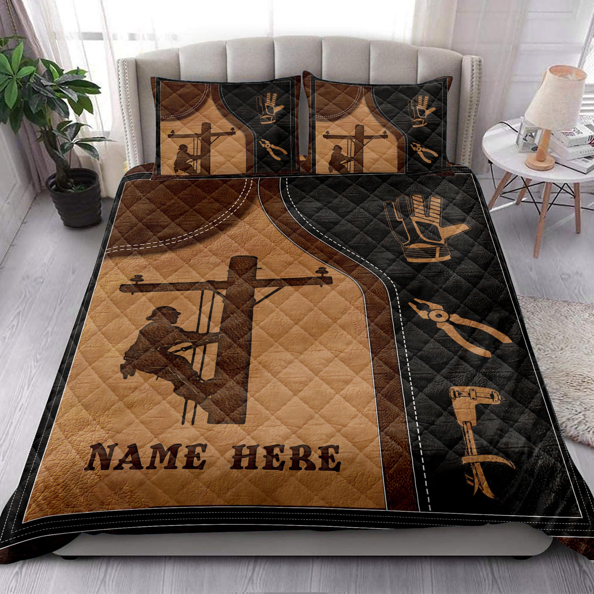 Ohaprints-Quilt-Bed-Set-Pillowcase-Lineman-Electrician-Lineworker-Linemen-Custom-Personalized-Name-Blanket-Bedspread-Bedding-3792-King (90'' x 100'')