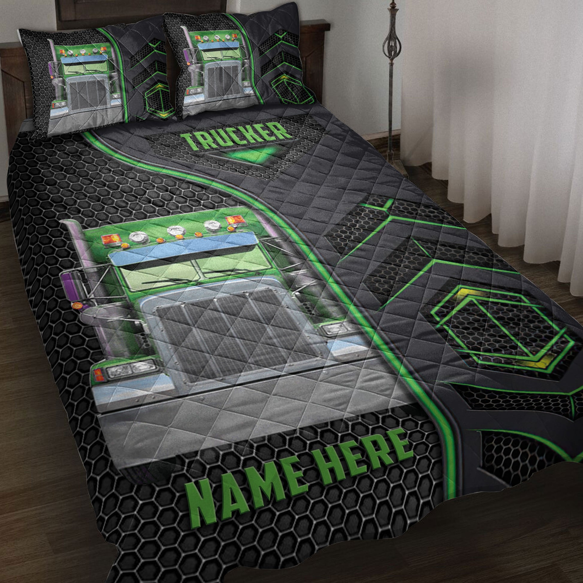 Ohaprints-Quilt-Bed-Set-Pillowcase-Green-Truck-Trucker-Custom-Personalized-Name-Blanket-Bedspread-Bedding-3795-Throw (55'' x 60'')