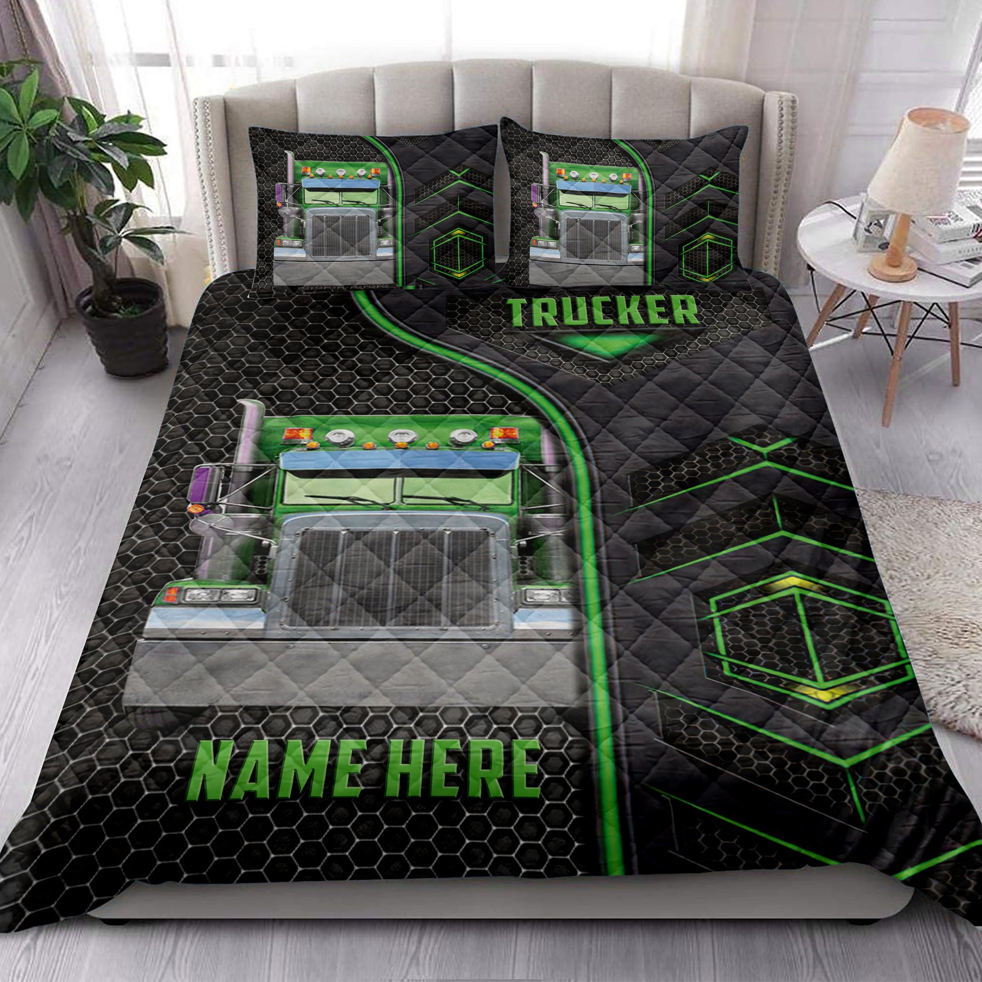 Ohaprints-Quilt-Bed-Set-Pillowcase-Green-Truck-Trucker-Custom-Personalized-Name-Blanket-Bedspread-Bedding-3795-King (90'' x 100'')