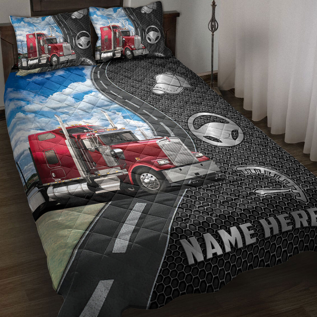 Ohaprints-Quilt-Bed-Set-Pillowcase-Red-Truck-Trucker-Custom-Personalized-Name-Blanket-Bedspread-Bedding-3796-Throw (55'' x 60'')