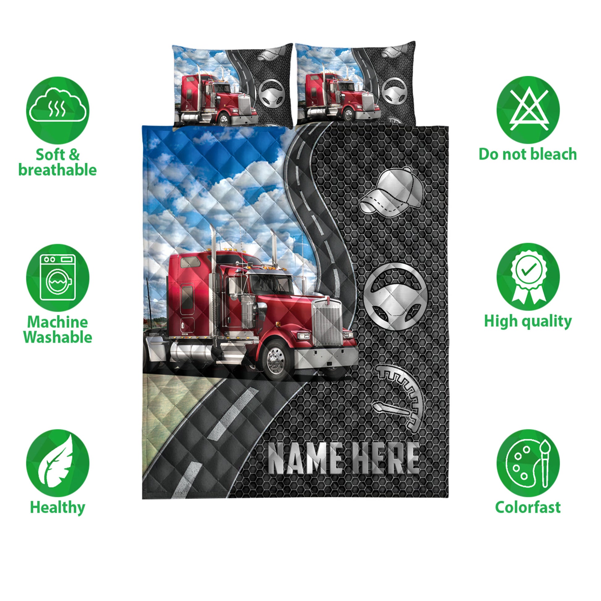 Ohaprints-Quilt-Bed-Set-Pillowcase-Red-Truck-Trucker-Custom-Personalized-Name-Blanket-Bedspread-Bedding-3796-Double (70'' x 80'')