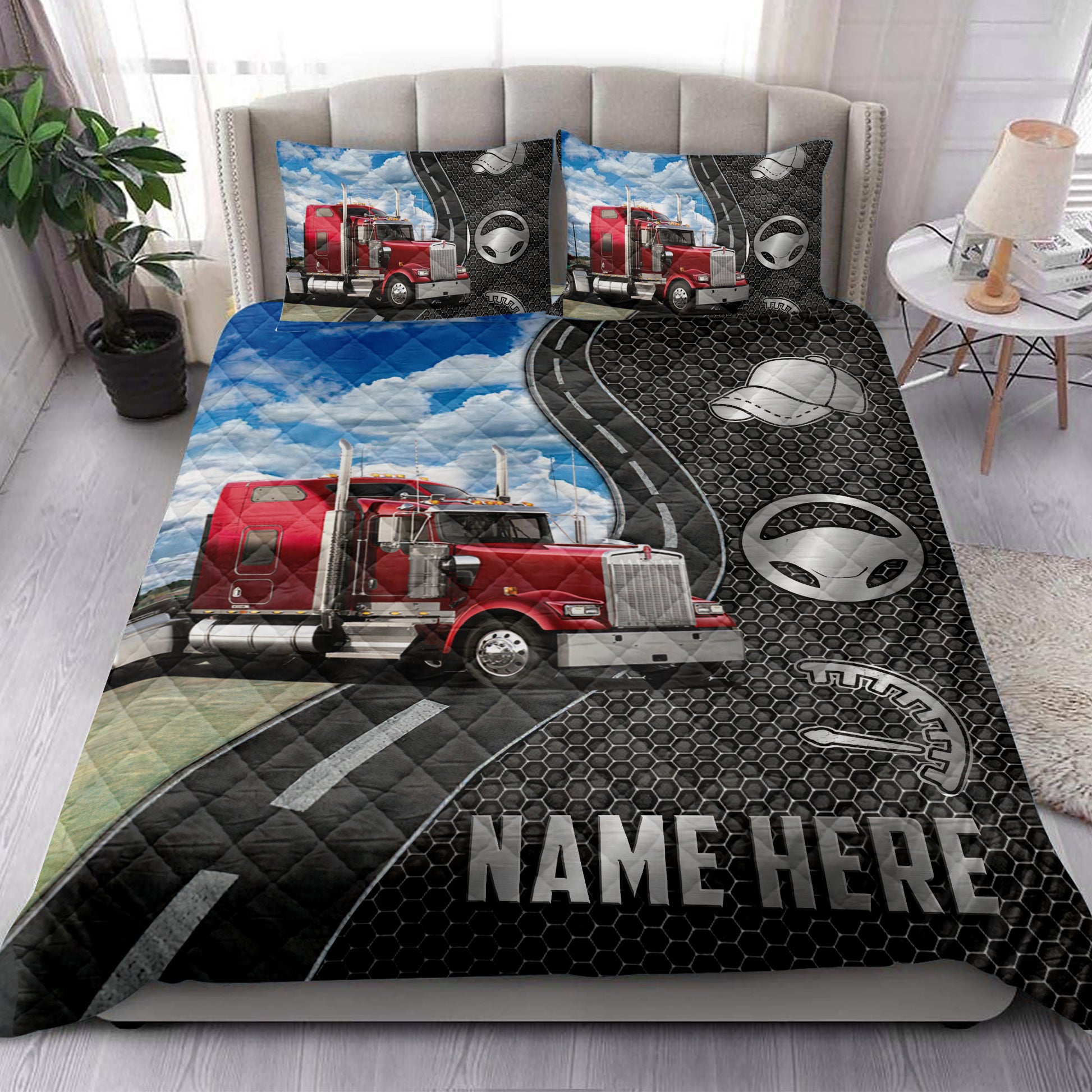 Ohaprints-Quilt-Bed-Set-Pillowcase-Red-Truck-Trucker-Custom-Personalized-Name-Blanket-Bedspread-Bedding-3796-King (90'' x 100'')