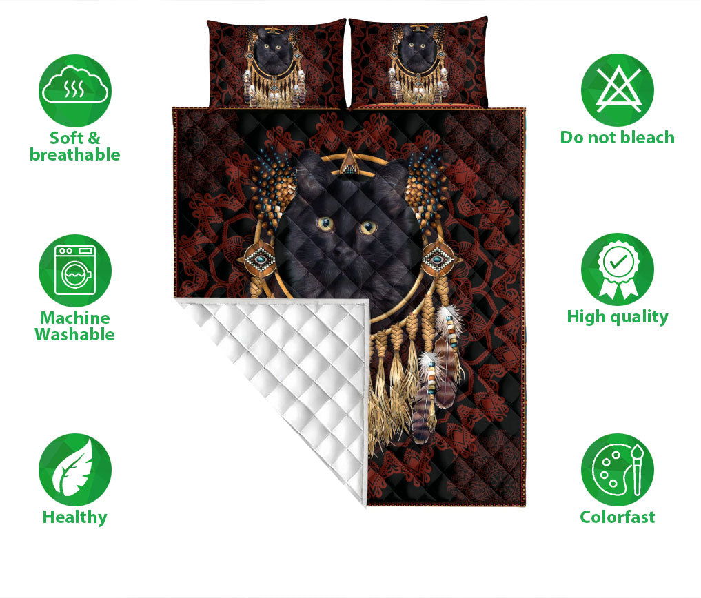 Ohaprints-Quilt-Bed-Set-Pillowcase-Black-Cat-Animal-Dreamcatcher-Boho-Native-Unique-Gift-Black-Red-Blanket-Bedspread-Bedding-778-Double (70'' x 80'')