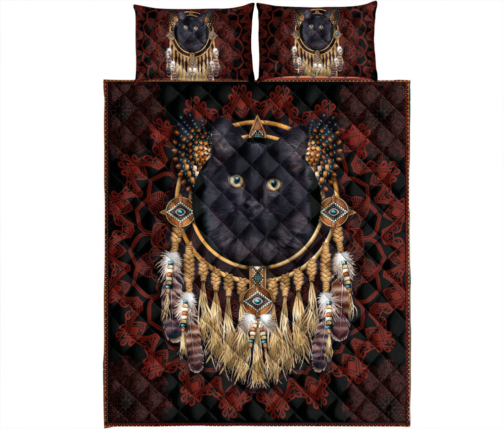 Ohaprints-Quilt-Bed-Set-Pillowcase-Black-Cat-Animal-Dreamcatcher-Boho-Native-Unique-Gift-Black-Red-Blanket-Bedspread-Bedding-778-King (90'' x 100'')