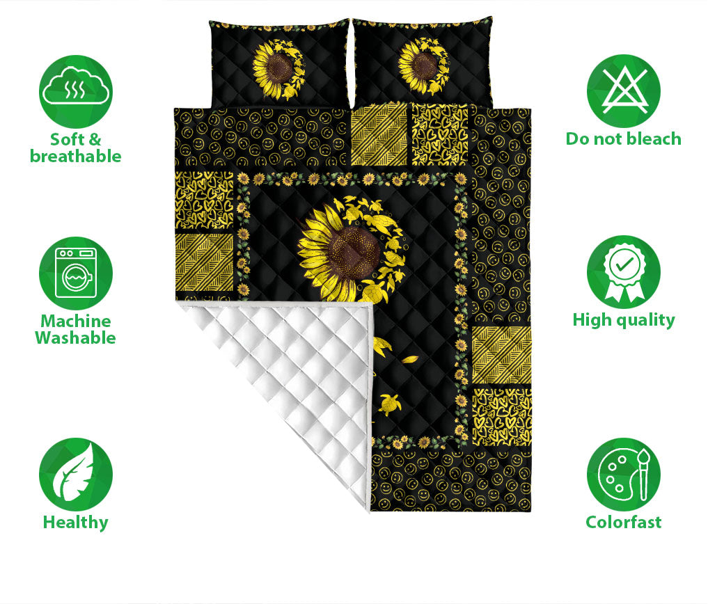 Ohaprints-Quilt-Bed-Set-Pillowcase-Sea-Turtle-Sunflower-You-Are-My-Sunshine-Black-Yellow-Patchwork-Blanket-Bedspread-Bedding-1270-Double (70'' x 80'')