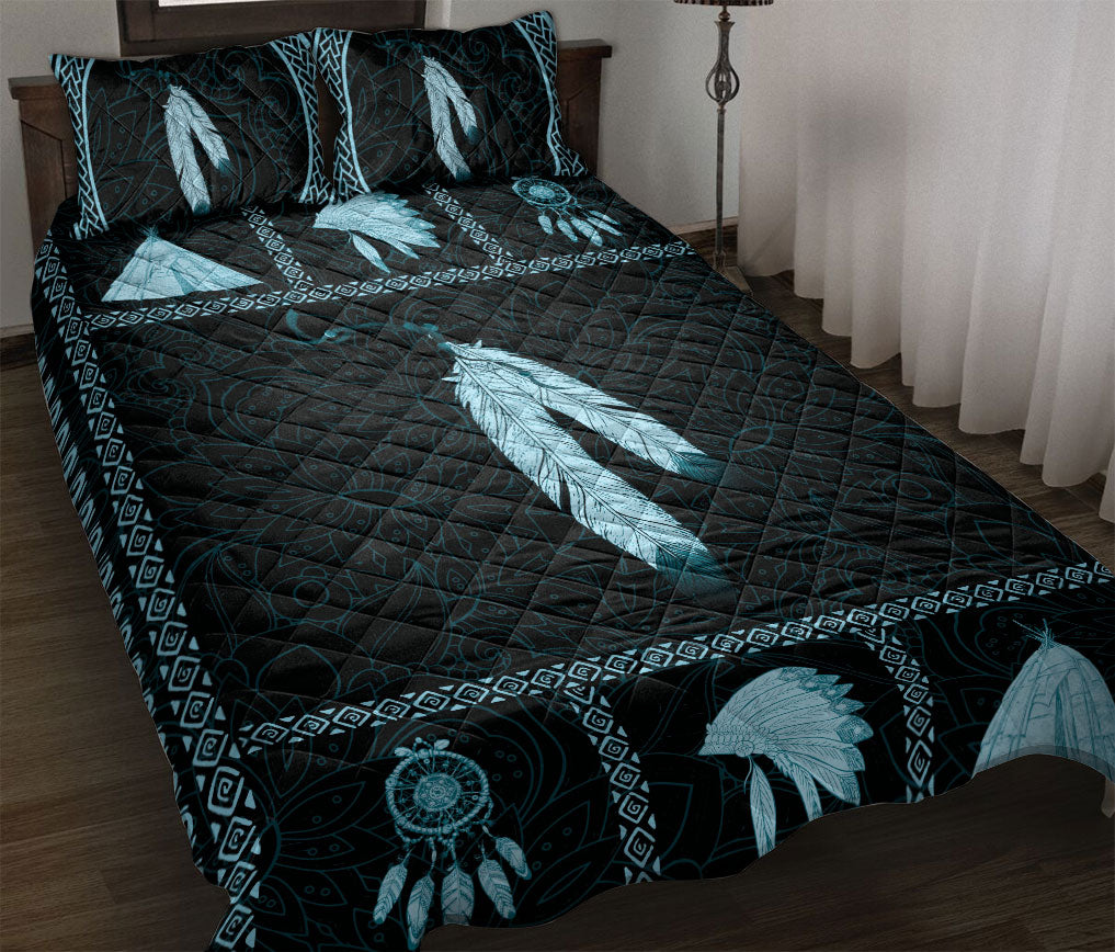 Ohaprints-Quilt-Bed-Set-Pillowcase-Mandala-Black-Blue-America-Native-Indigenous-Feather-Unique-Blanket-Bedspread-Bedding-1282-Throw (55'' x 60'')