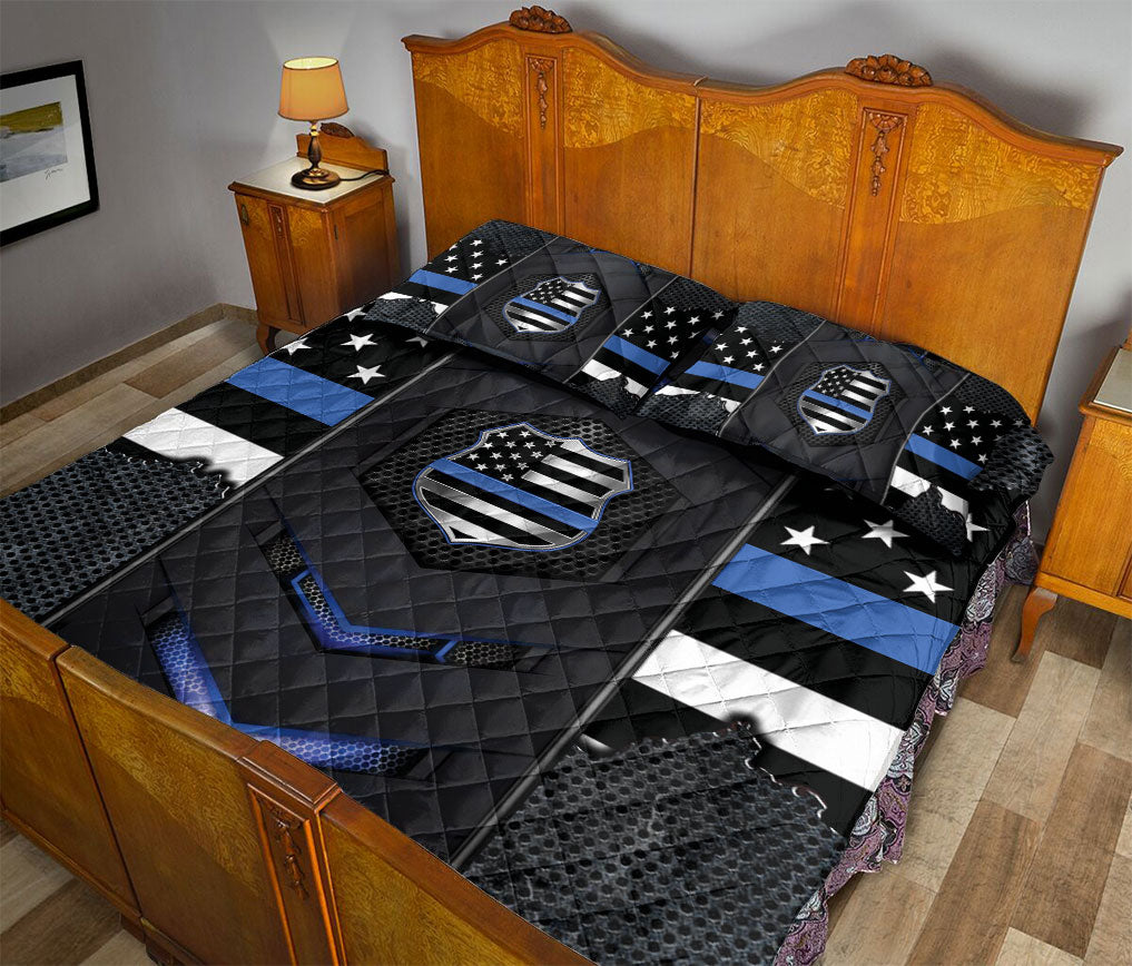 Ohaprints-Quilt-Bed-Set-Pillowcase-Police-Badge-America-Us-Thin-Blue-Line-Black-Unique-Gift-Blanket-Bedspread-Bedding-2530-Queen (80'' x 90'')