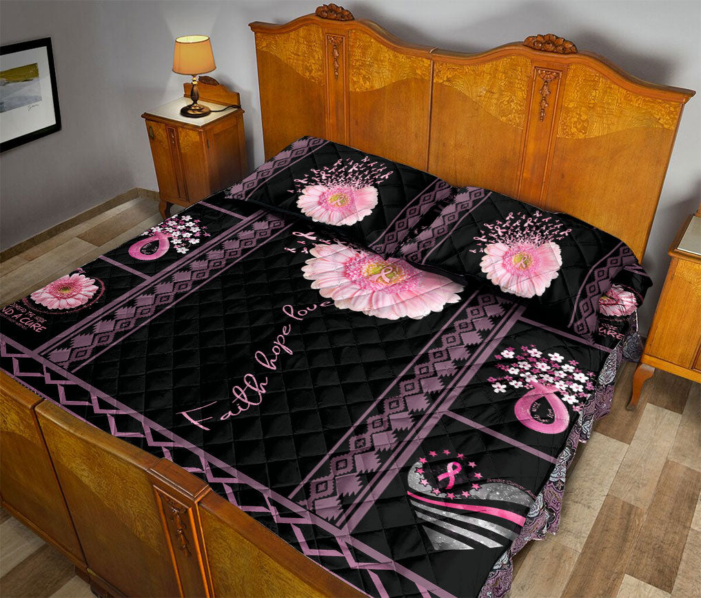 Ohaprints-Quilt-Bed-Set-Pillowcase-Patchwork-Pink-Flower-Ribbon-Breast-Cancer-Awareness-Black-Blanket-Bedspread-Bedding-2469-Queen (80'' x 90'')