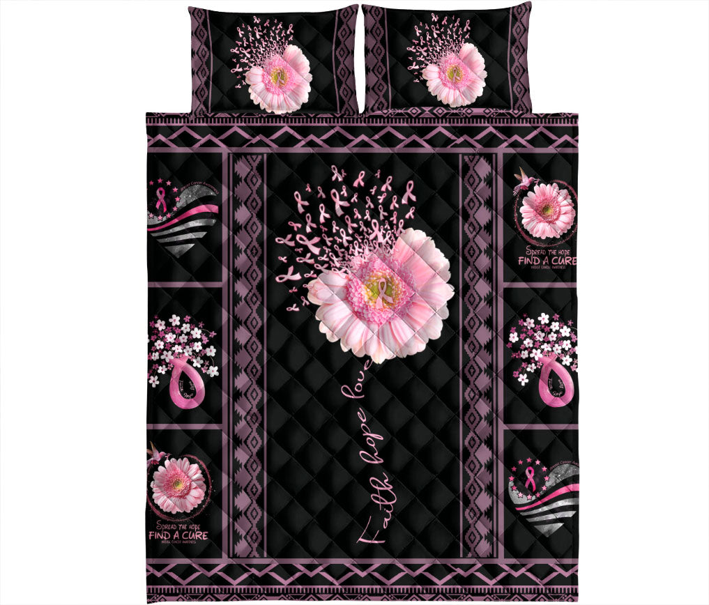 Ohaprints-Quilt-Bed-Set-Pillowcase-Patchwork-Pink-Flower-Ribbon-Breast-Cancer-Awareness-Black-Blanket-Bedspread-Bedding-2469-King (90'' x 100'')