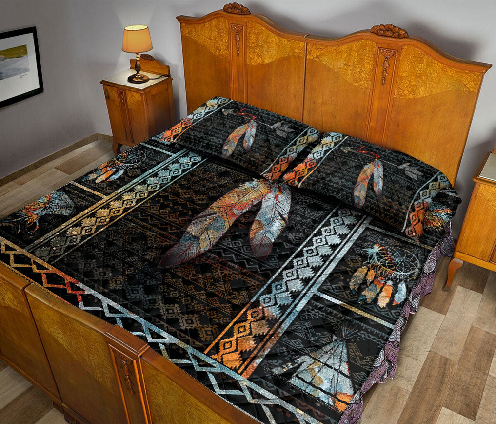 Ohaprints-Quilt-Bed-Set-Pillowcase-American-Native-Indigenous-Feather-Black-Vintage-Boho-Unique-Blanket-Bedspread-Bedding-641-Queen (80'' x 90'')